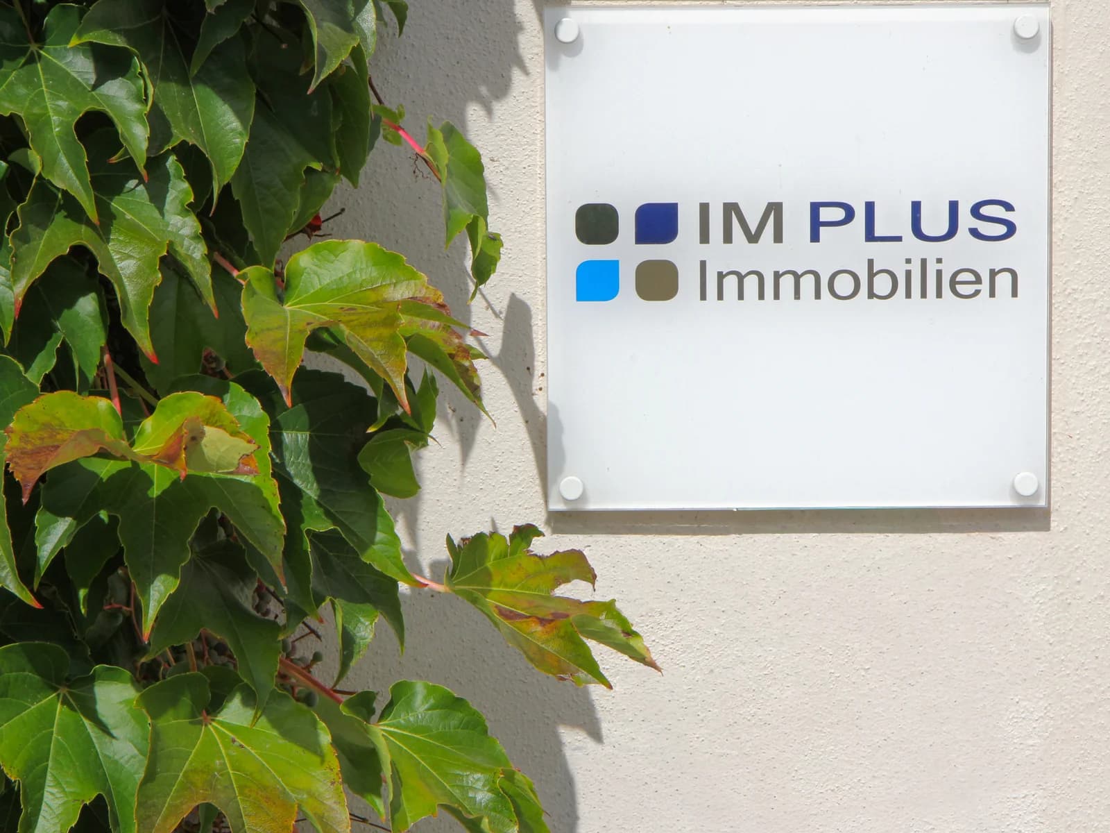 Das Schild von IM PLUS Immobilien an der Hauswand neben dem Eingang