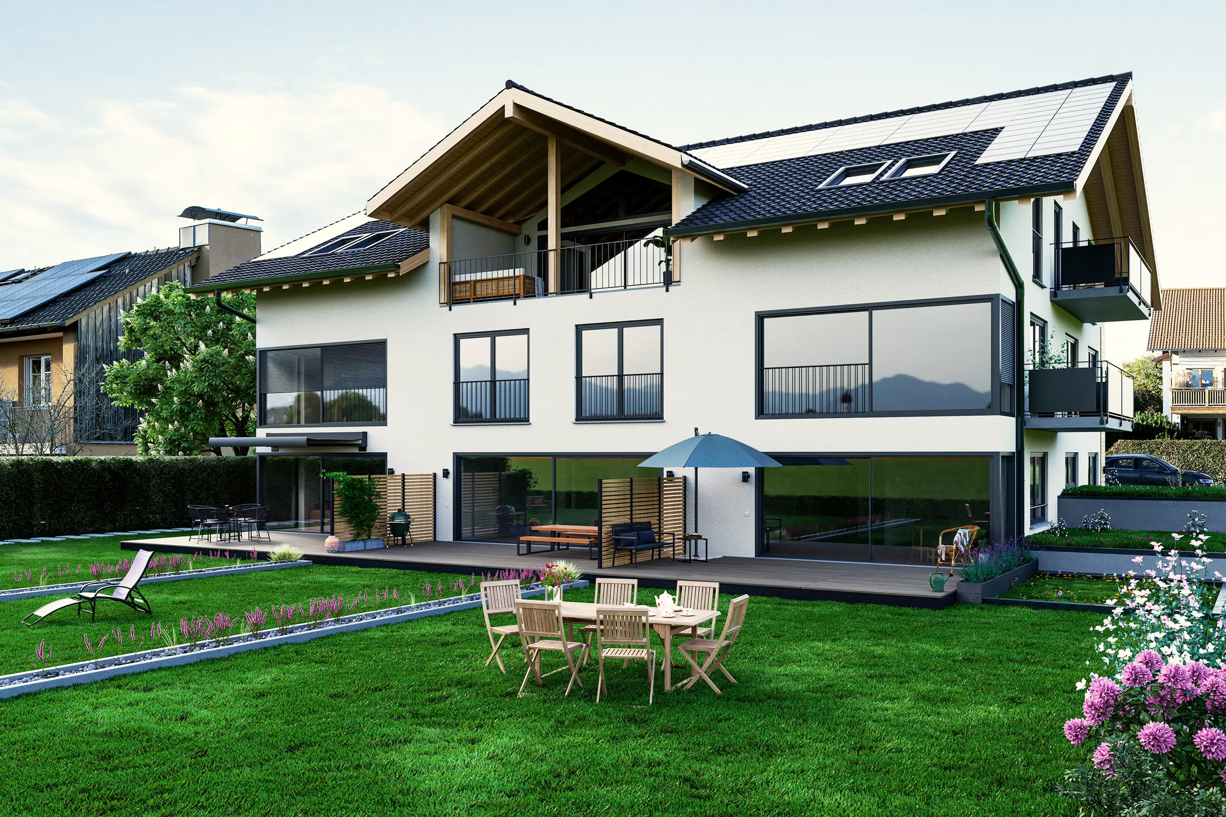 Visualisierung eines Mehrfamilienhauses mit Garten, Terrasse und Sitzgruppe