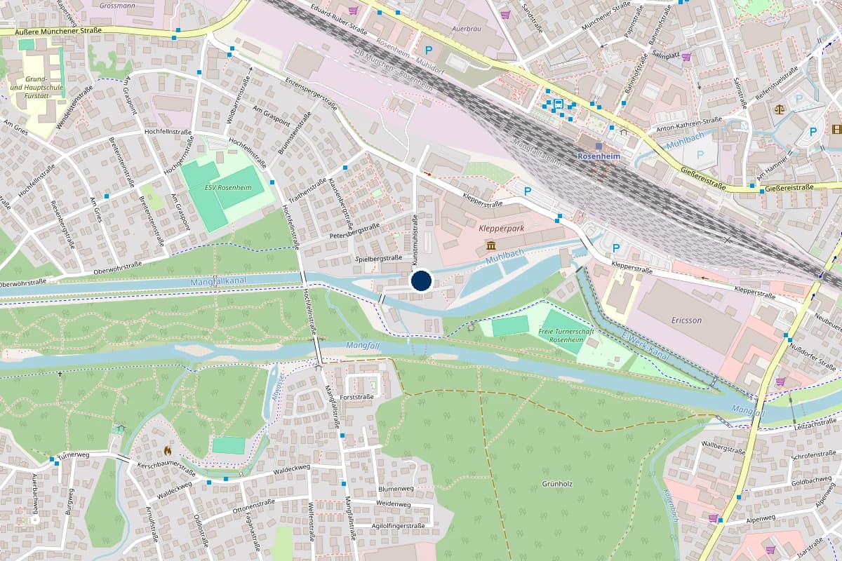 Kartenausschnitt von Rosenheim mit der Lage des Büros in der Kunstmühlstraße 17