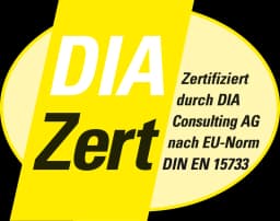 Siegel DIA Zert: Zertifiziert durch DIA Consulting AG nach EU-Norm DIN EN 15733