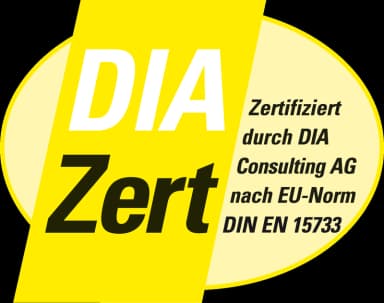 Siegel DIA Zert: Zertifiziert durch DIA Consulting AG nach EU-Norm DIN EN 15733