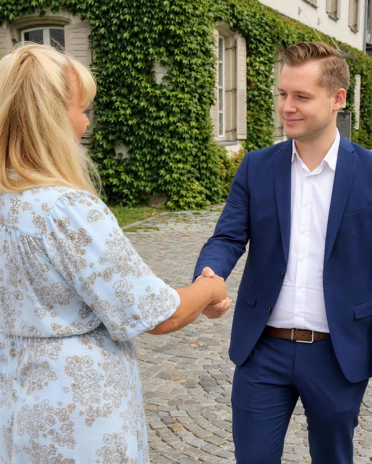 Lucas Weber begrüßt eine Besucherin mit Handschlag vor dem Büro