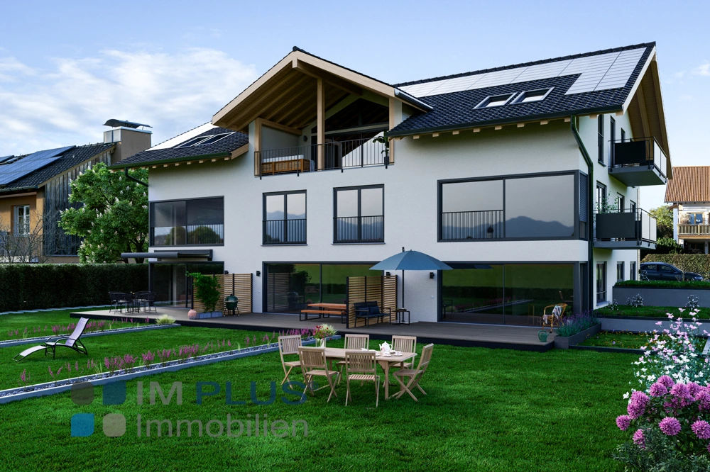 Visualisierung der Gartenseite des Mehrfamilienhauses mit Terrassen, Balkonen und Rasenfläche, Rosenheim